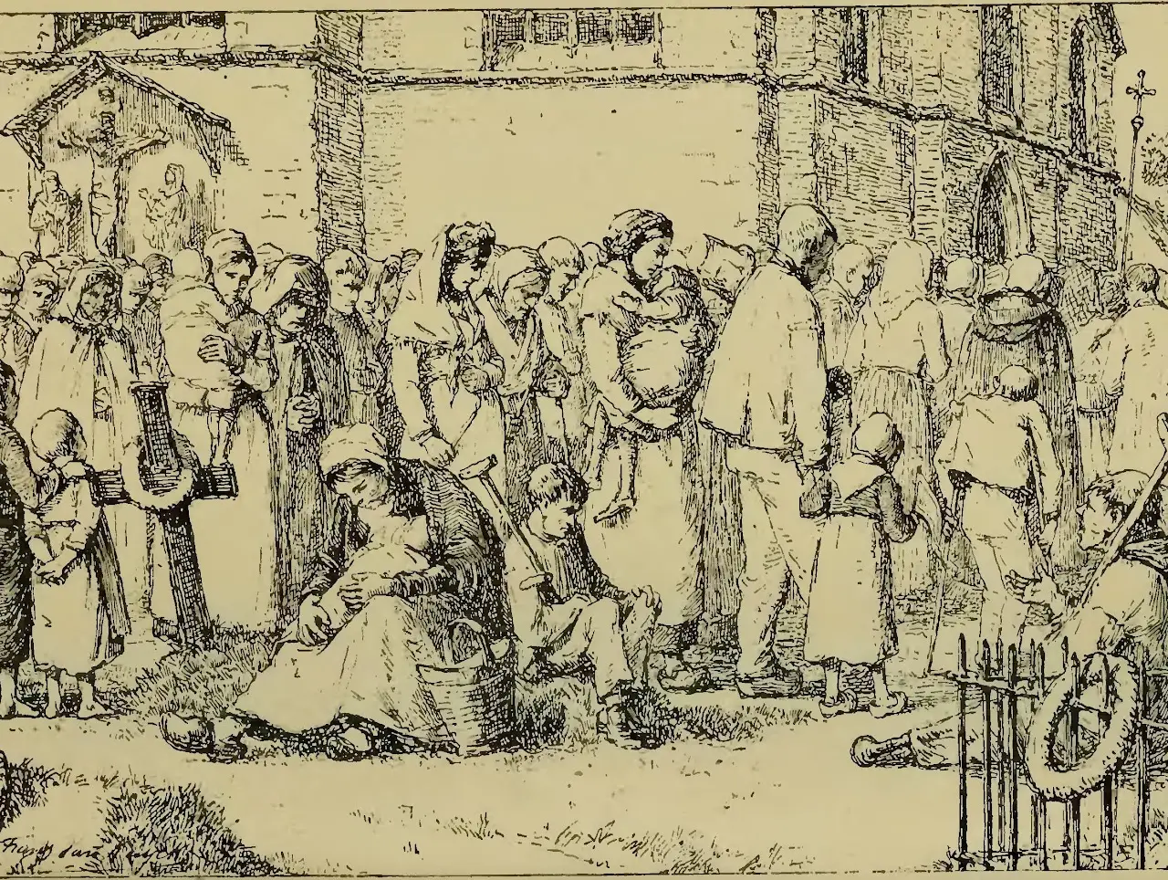 Gravure: menigte bedevaarders aan de voet van de kerk.